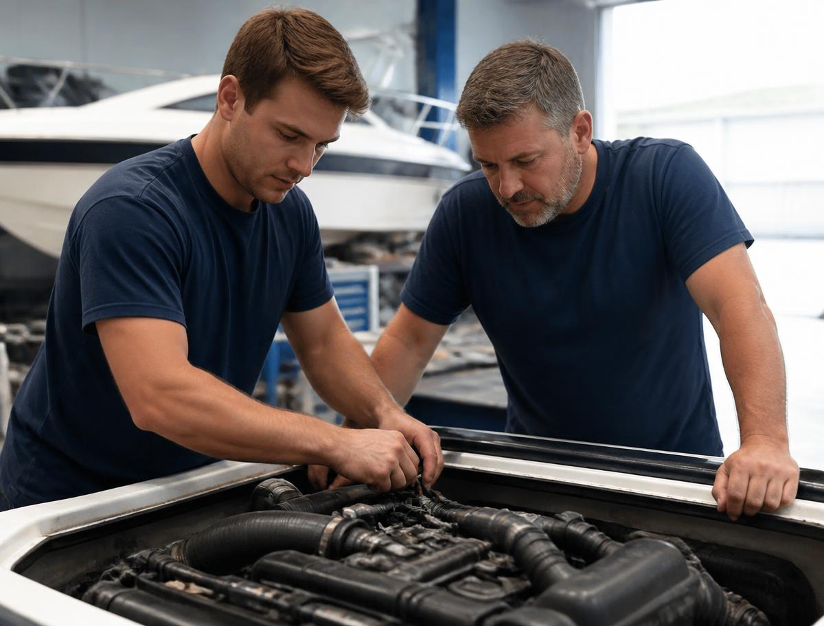 Two marine technicians servicing a boat engine in a workshop